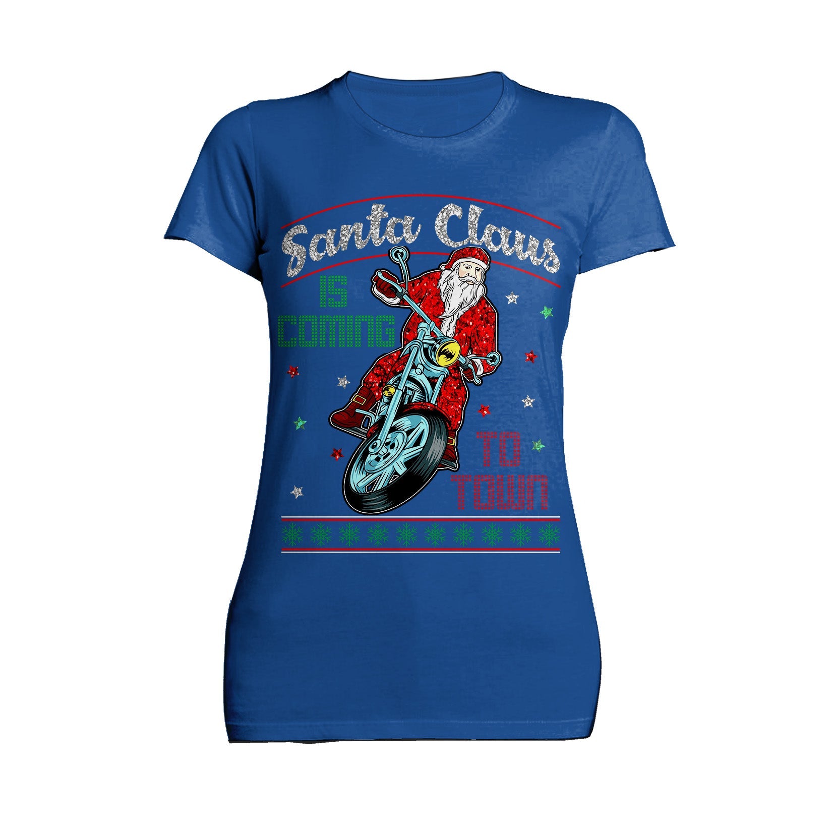 Christmas Santa Claus Is Coming To Town Xmas Sparkle Biker Women's T-Shirt