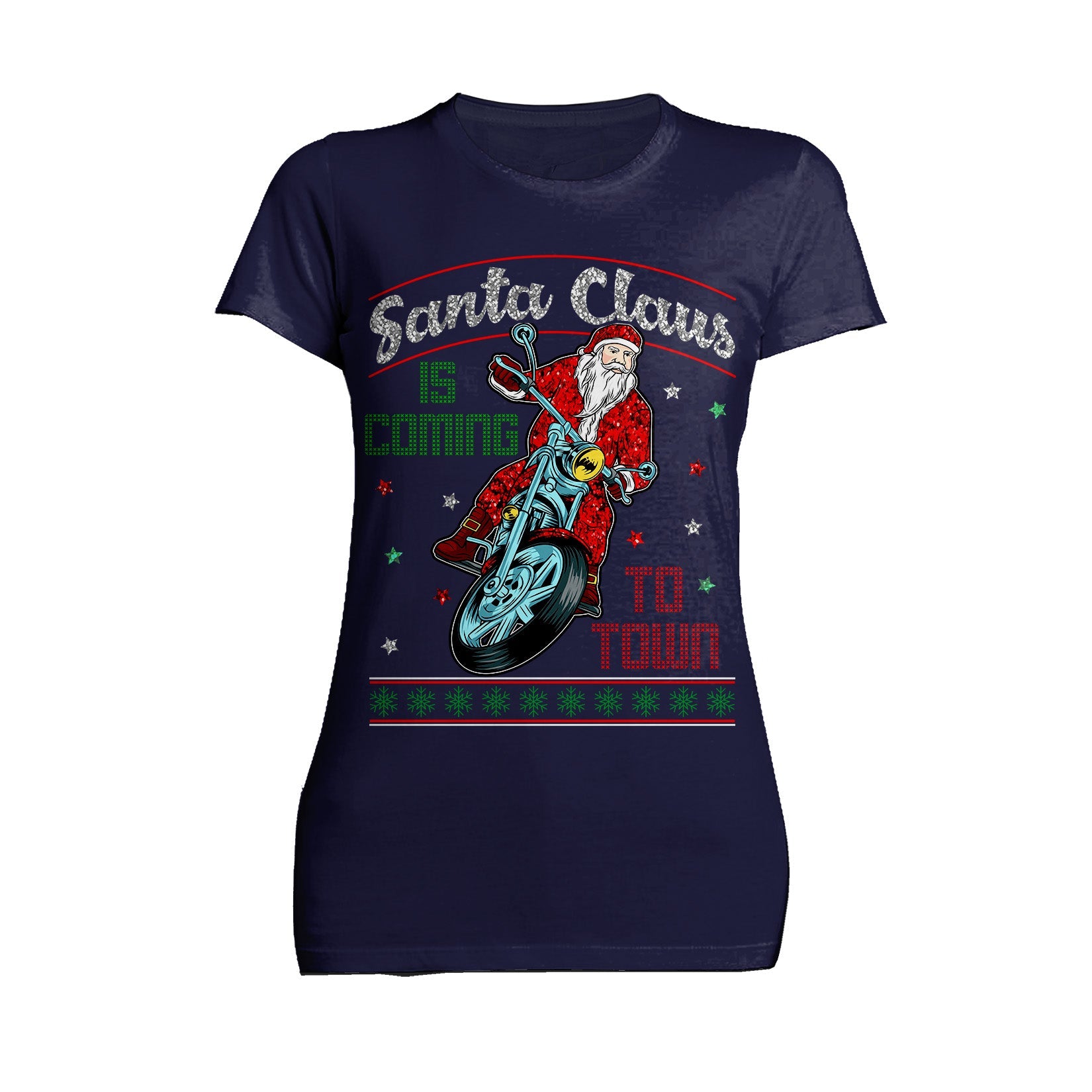 Christmas Santa Claus Is Coming To Town Xmas Sparkle Biker Women's T-Shirt