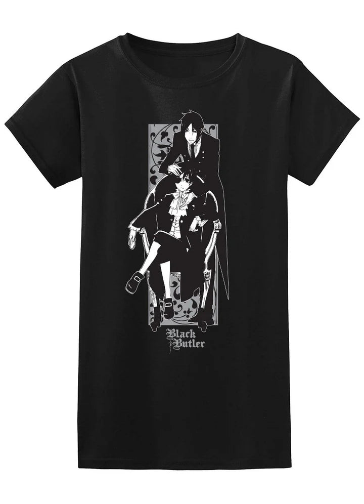 Black Butler Sebastian Michaelis And Ciel Phantomhive Floral Jrs Screen Print T-Shirt