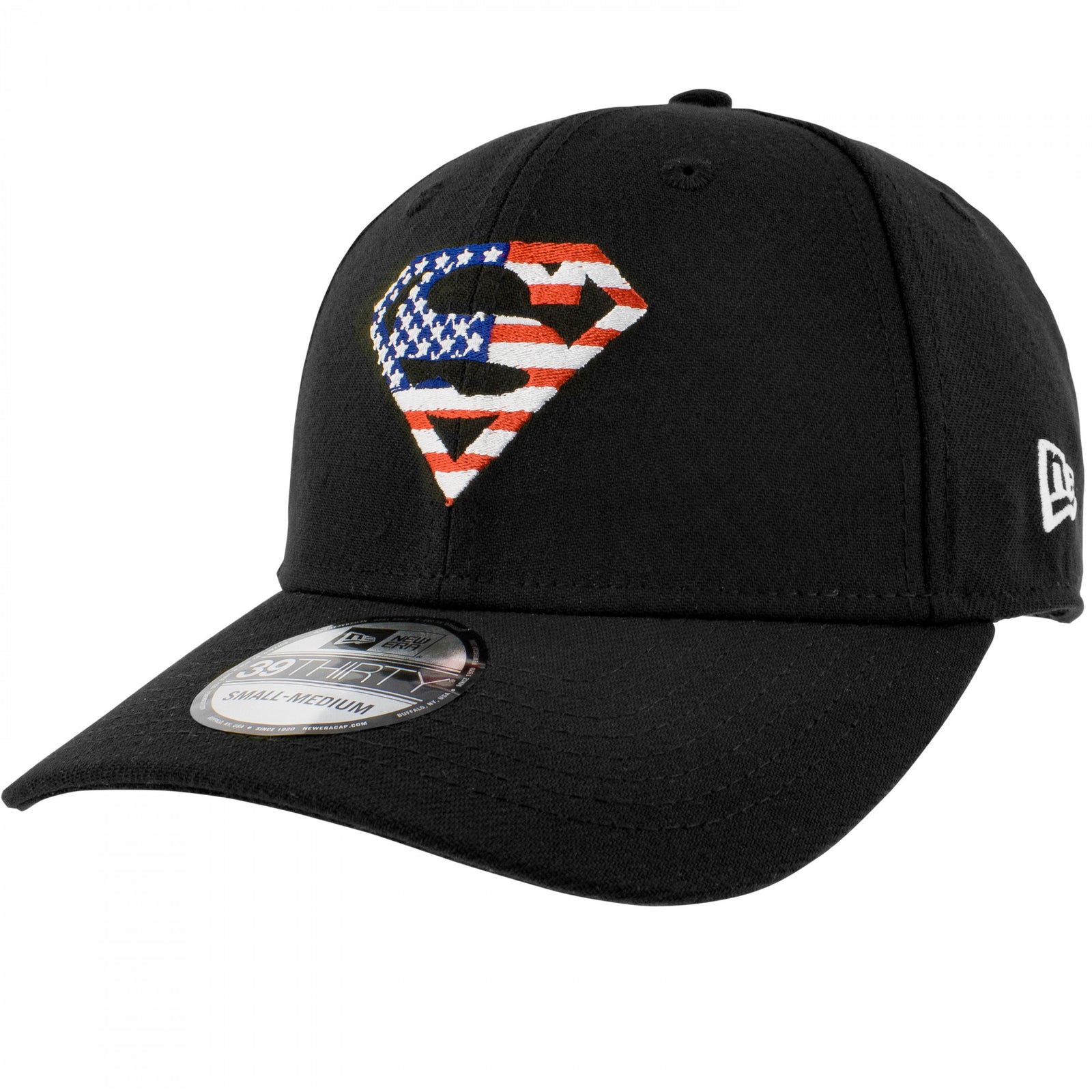 Superman American Flag Logo Black Colorway New Era 39Thirty Fitted Hat