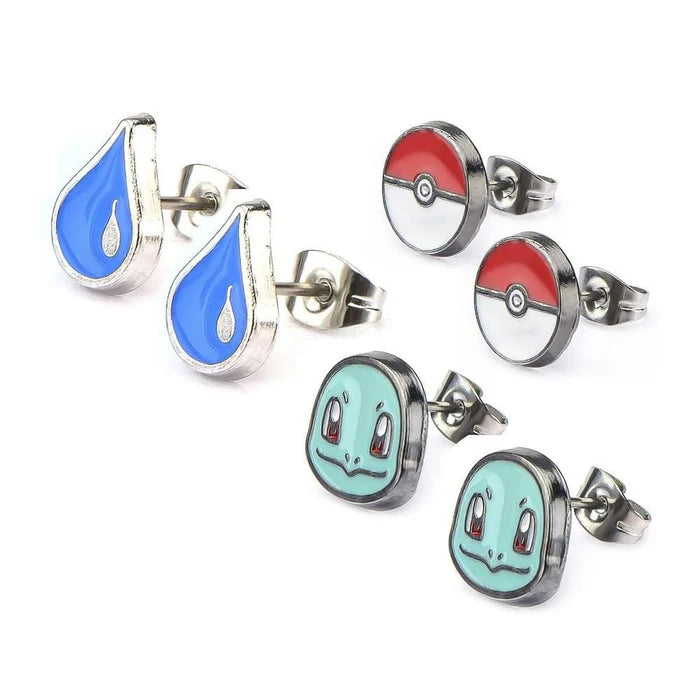 Pokemon Squirtle, Water Drop, & Pokeball Stud Earrings Set of 3