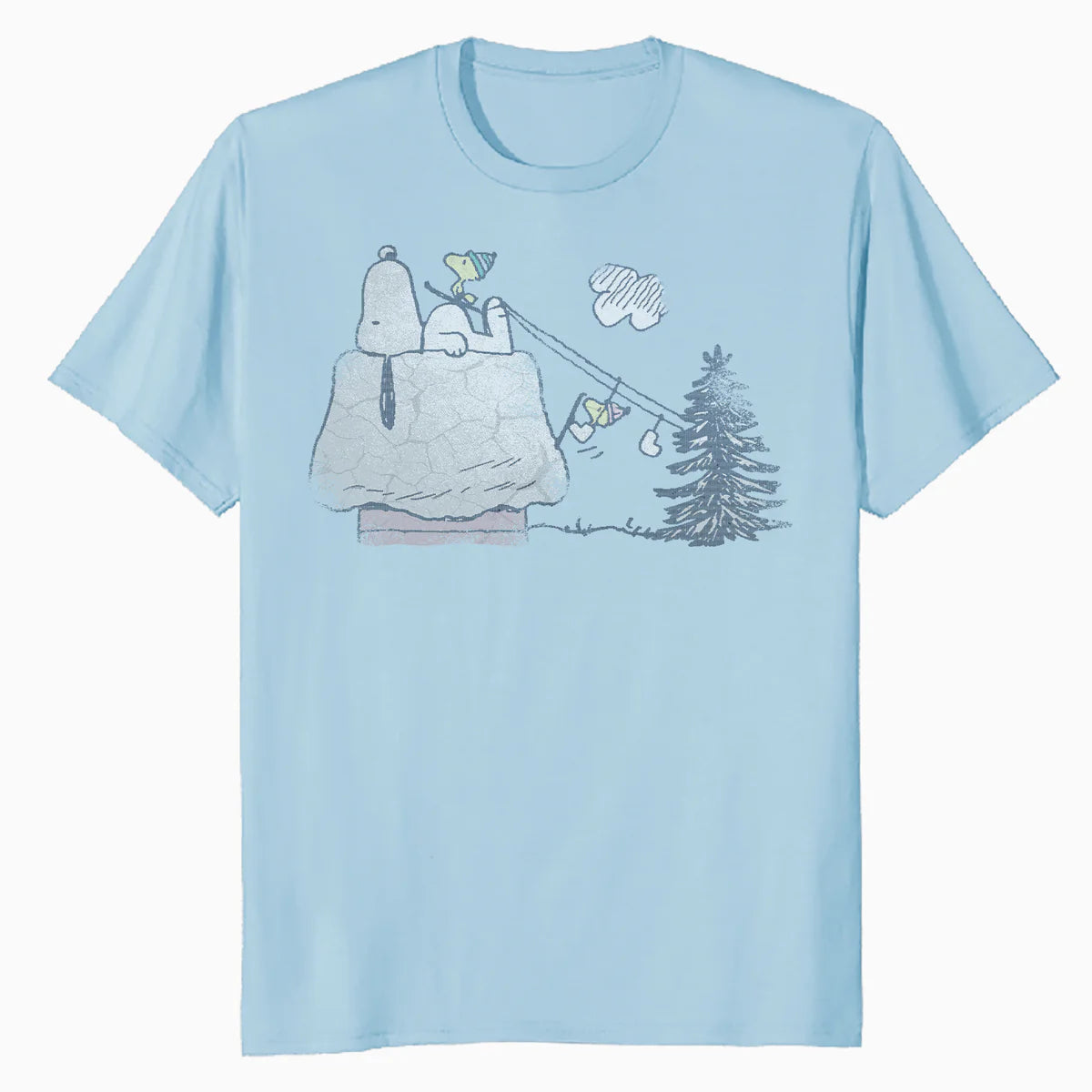 Peanuts Xmas Snoopy House Snow Woodstock Skiing Vintage 90s Official Men's T-Shirt
