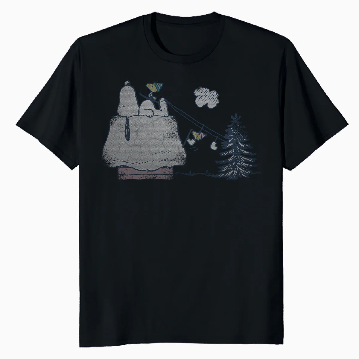 Peanuts Xmas Snoopy House Snow Woodstock Skiing Vintage 90s Official Men's T-Shirt