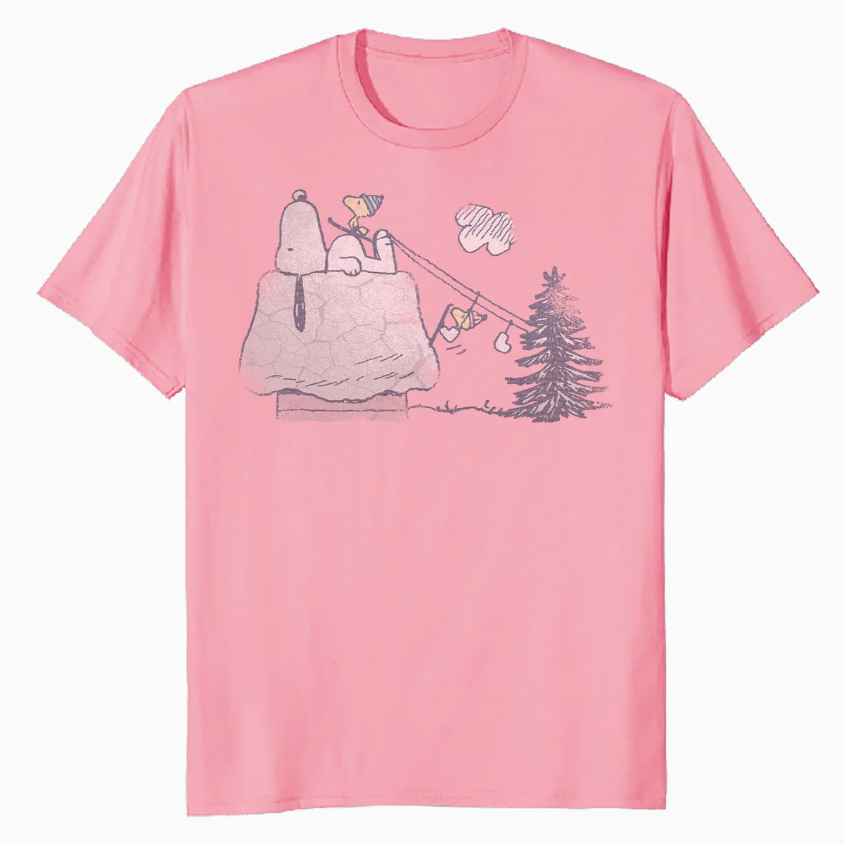 Peanuts Xmas Snoopy House Snow Woodstock Skiing Vintage 90s Official Men's T-Shirt