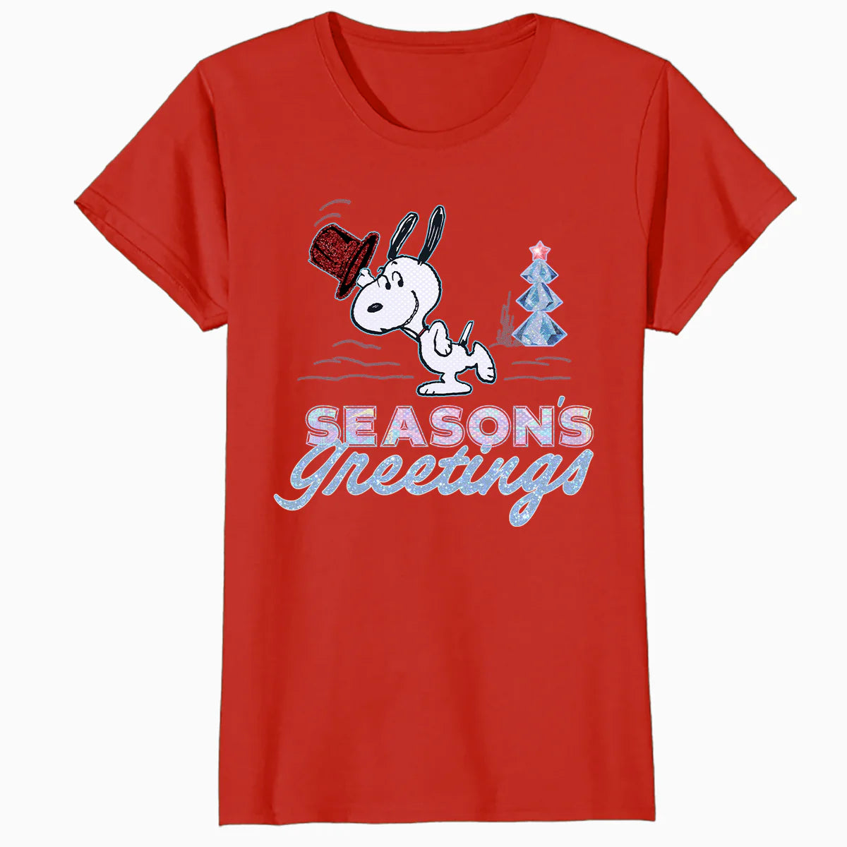 Peanuts Xmas Snoopy Seasons Greetings Sparkle Tree Retro 90s Official Women's SKINNY FIT T-Shirt