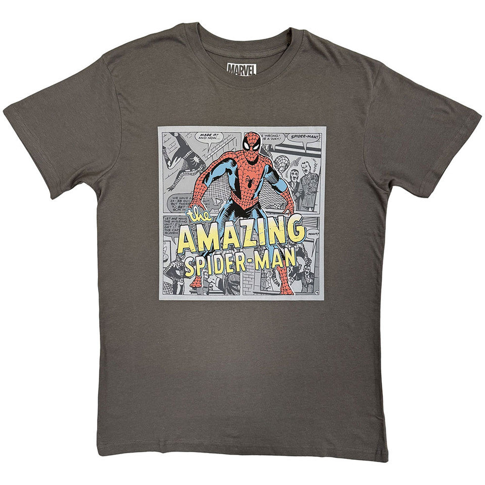 Marvel Comics Amazing Spider-Man Comic Background Charcoal Grey T-Shirt