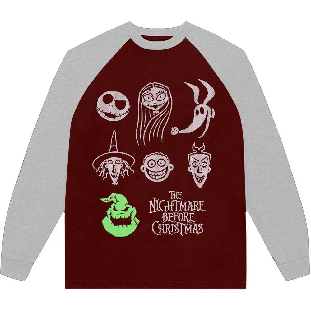THE NIGHTMARE BEFORE CHRISTMAS STACKED FACES EMBELLISHED RAGLAN T-SHIRT