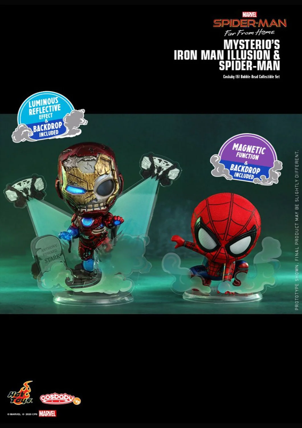 COSBABY S SPIDER-MAN FAR FROM HOME MYSTERIO'S IRON MAN ILLUSION BOBBLE-HEAD COLLECTIBLE SET