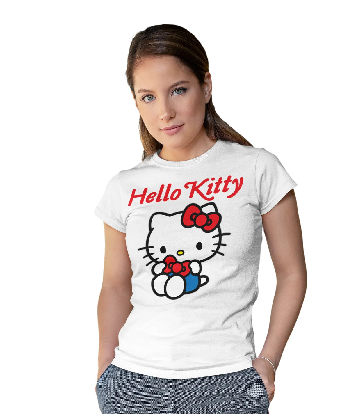 Hello Kitty Charmmy Pose Ribbon XOXO Cute Cat Classic Logo Official Women's SKINNY FIT T-Shirt