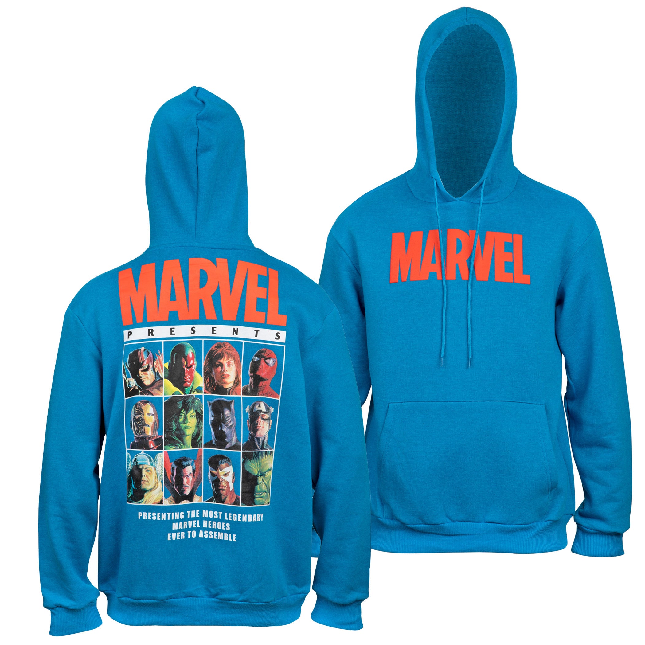 Marvel Brand Text Puff Print Hoodie With Character Line Up Back Print