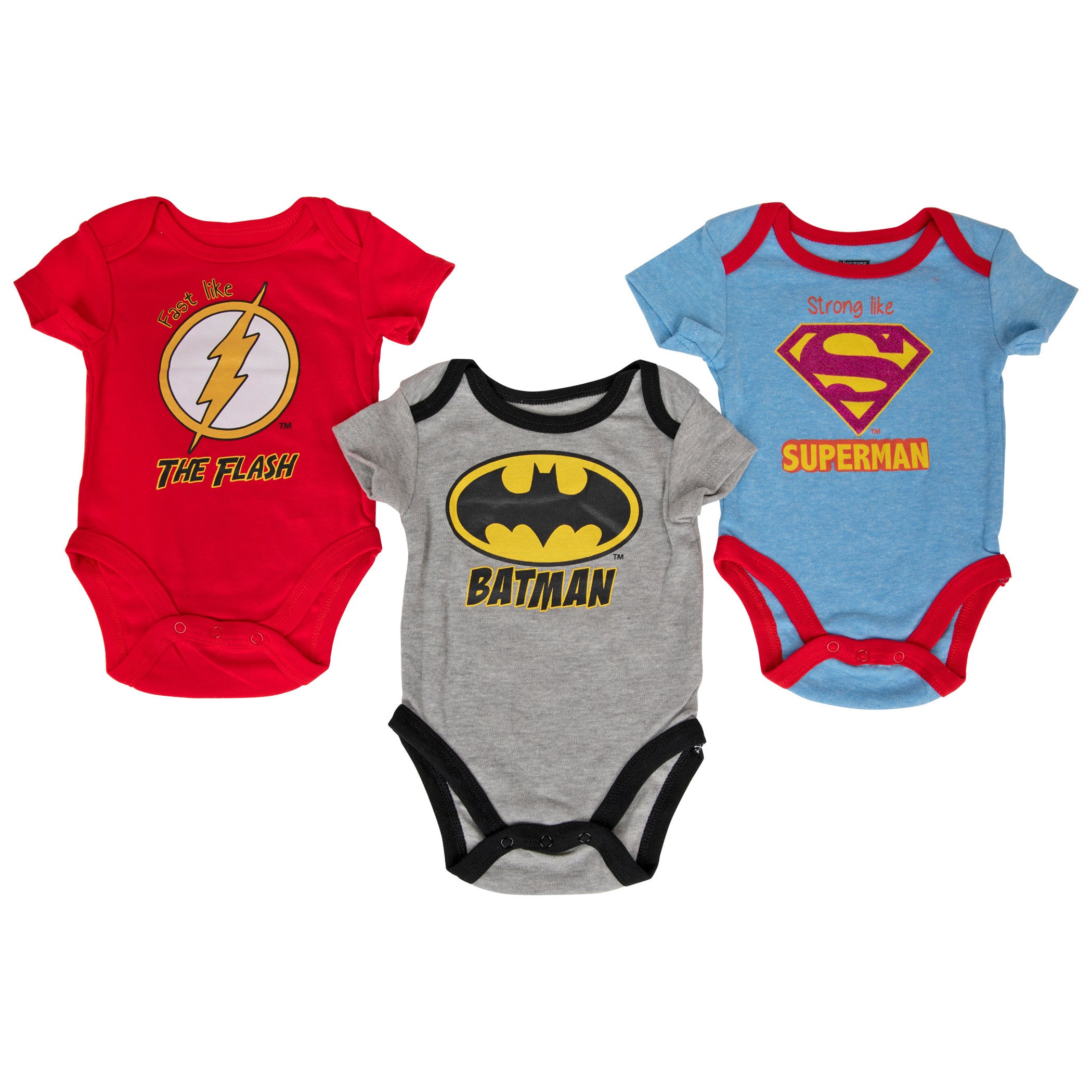 Justice League Superman Batman and Flash 3-Pack Infant Bodysuit Set