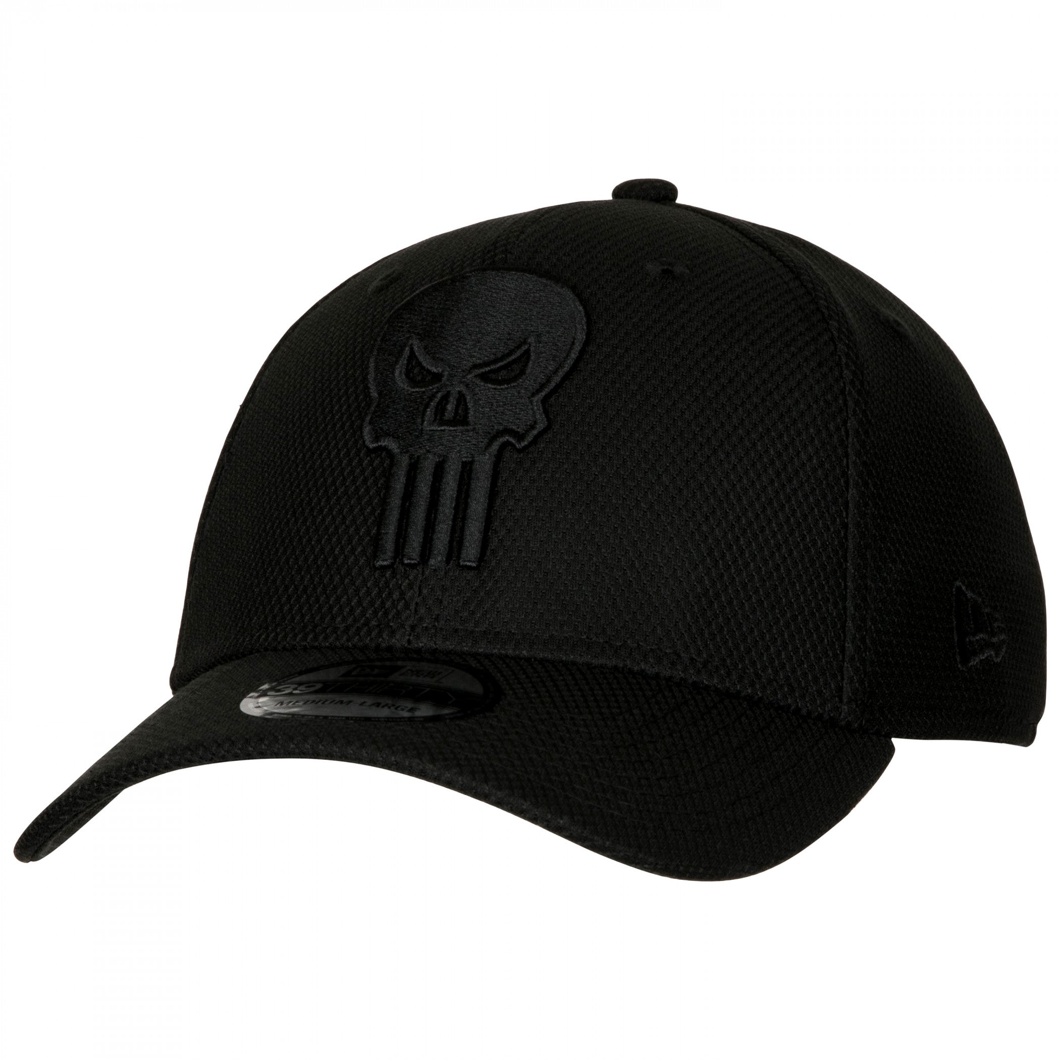The Punisher Symbol Black on Black New Era 39Thirty Fitted Hat