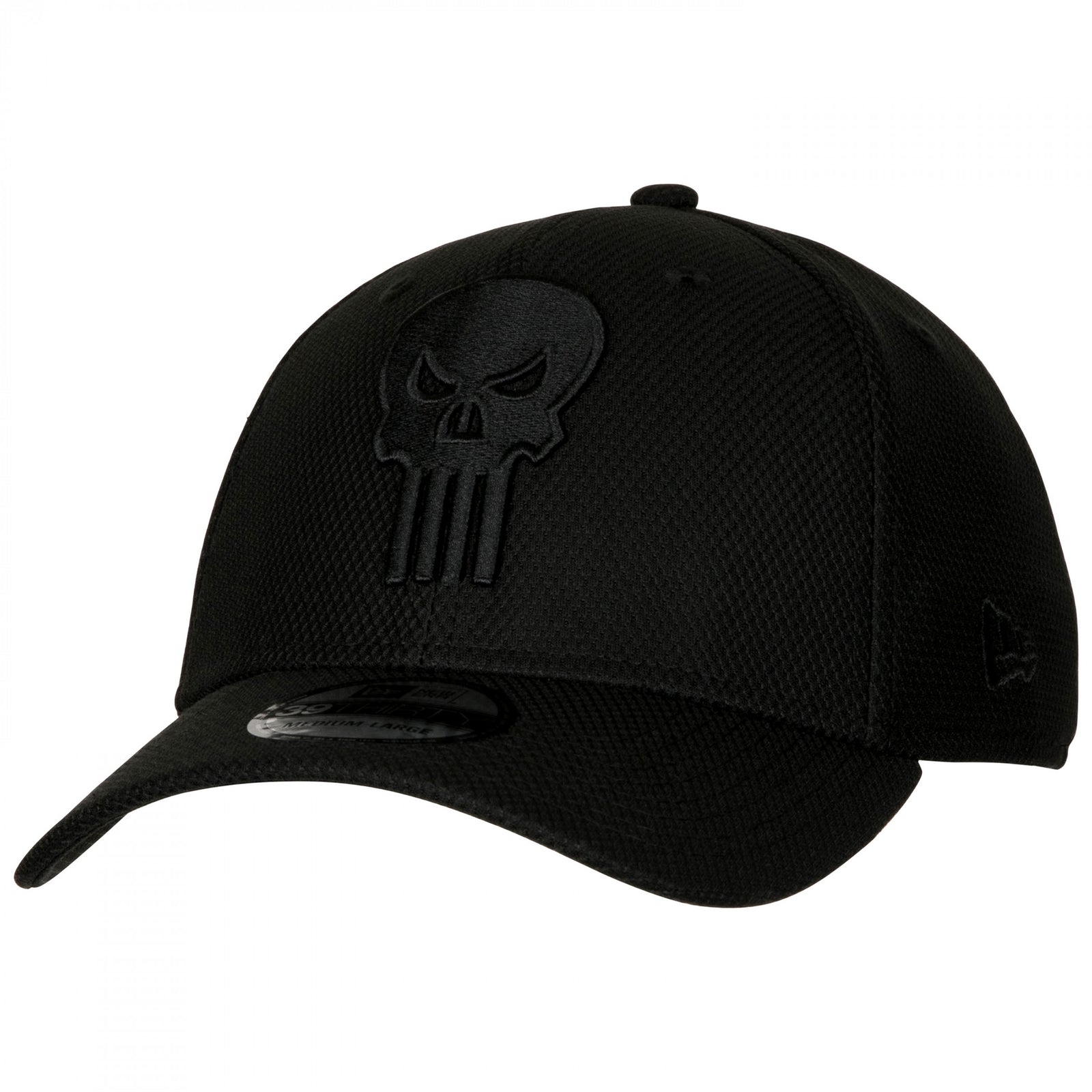 The Punisher Symbol Black on Black New Era 39Thirty Fitted Hat