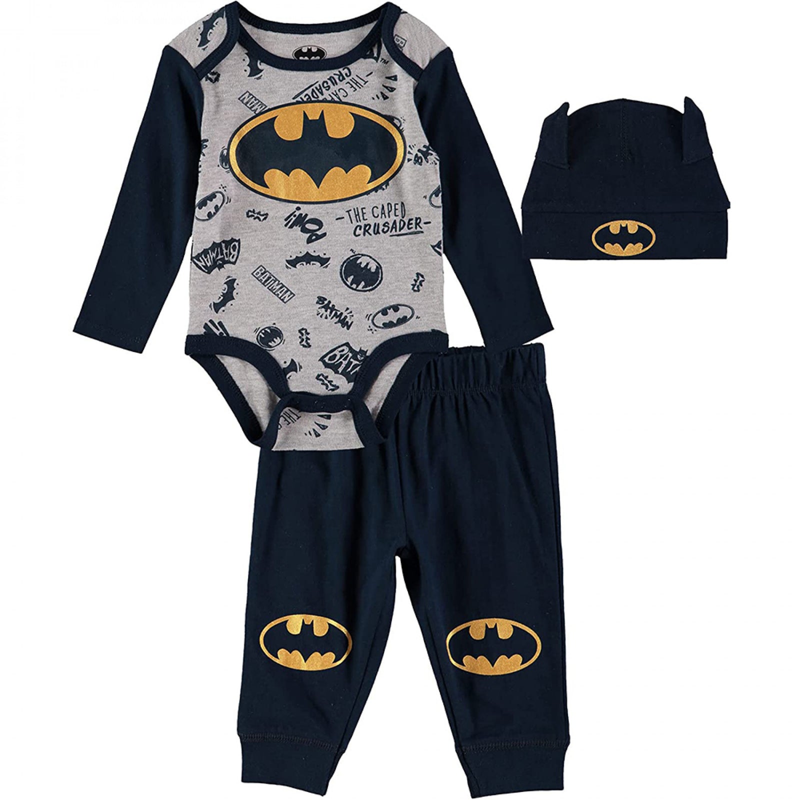 Batman Symbols 3-Piece Infant Bodysuit Pant and Hat Set