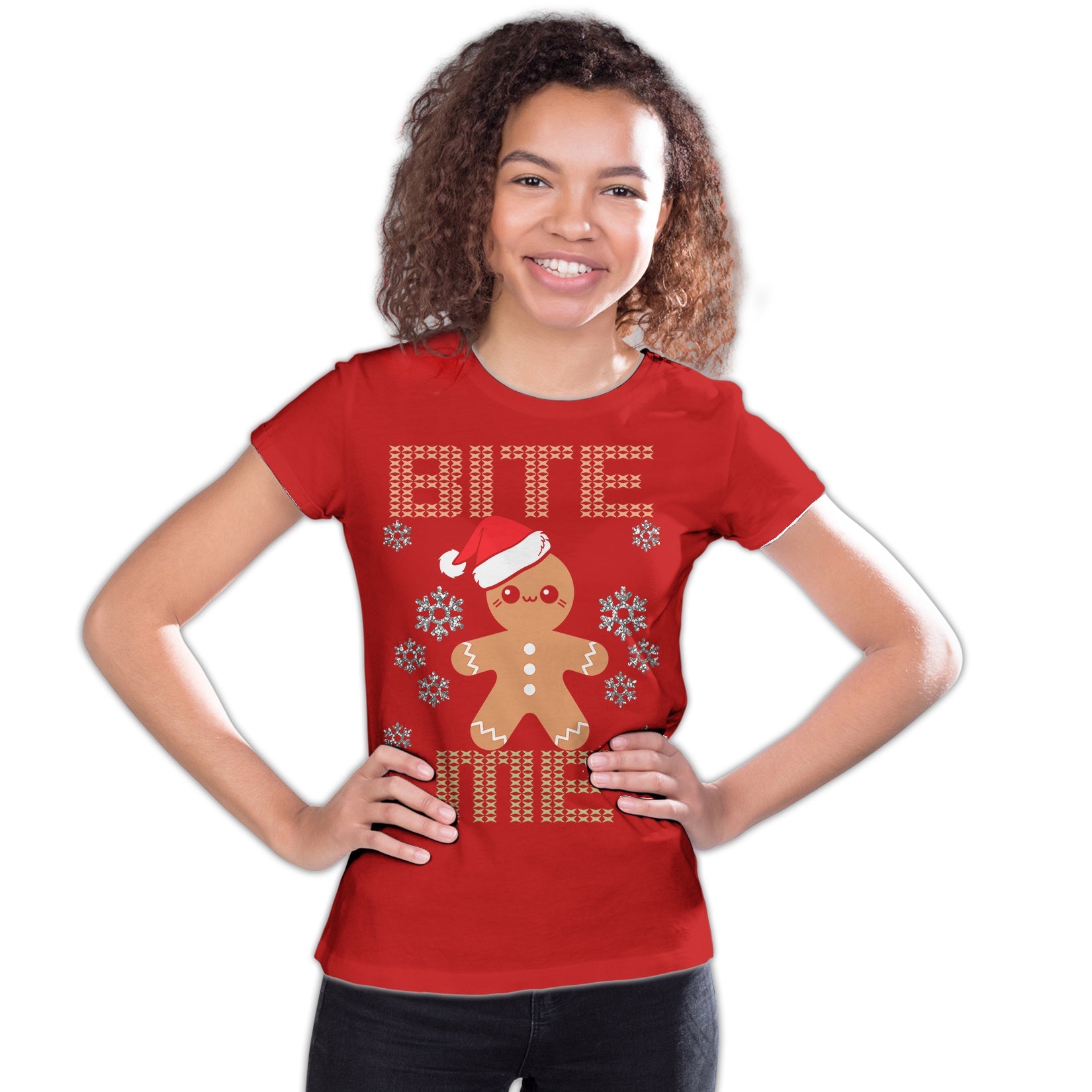 Christmas Gingerbread Man Bite Me Snowflake Meme Cute Fun Youth T-Shirt