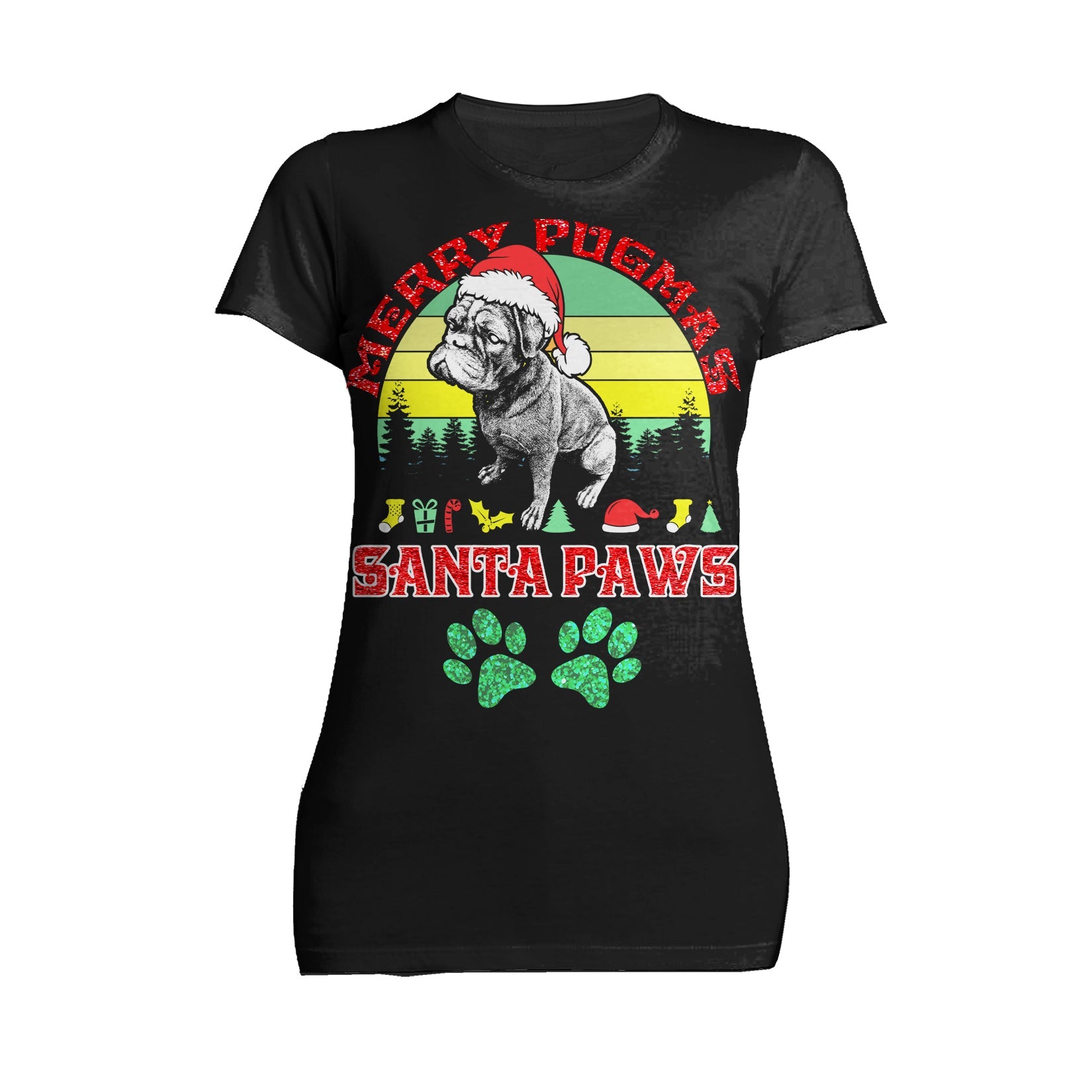 Christmas Pug Lover Merry Pugmas Santa Paws Fun Xmas Sparkle Women's T-Shirt