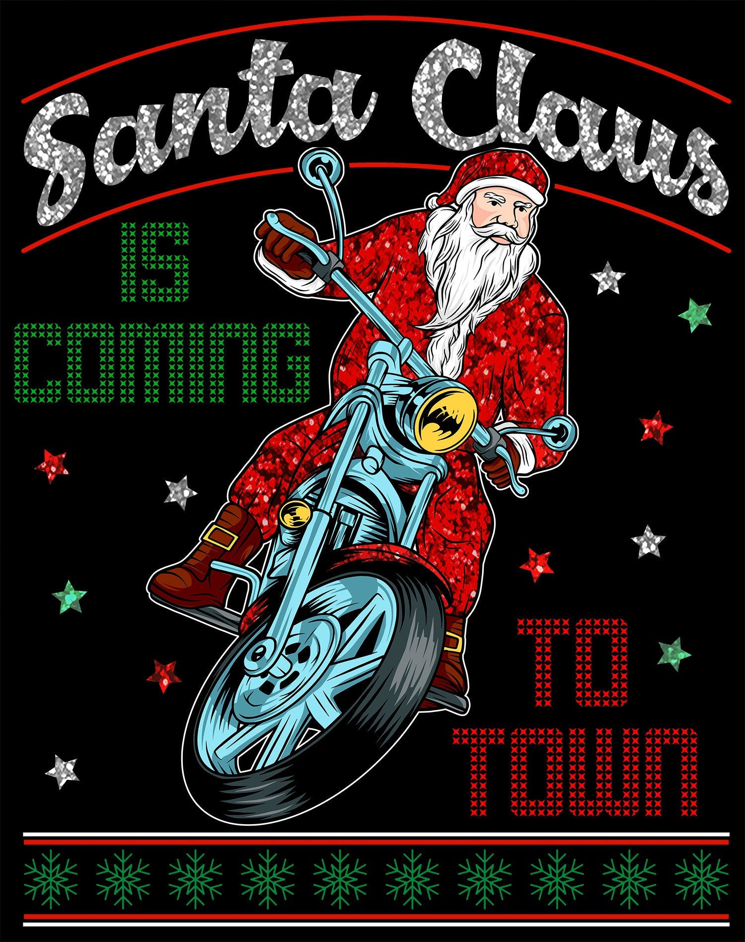 Christmas Santa Claus Is Coming To Town Xmas Sparkle Biker Women's T-Shirt