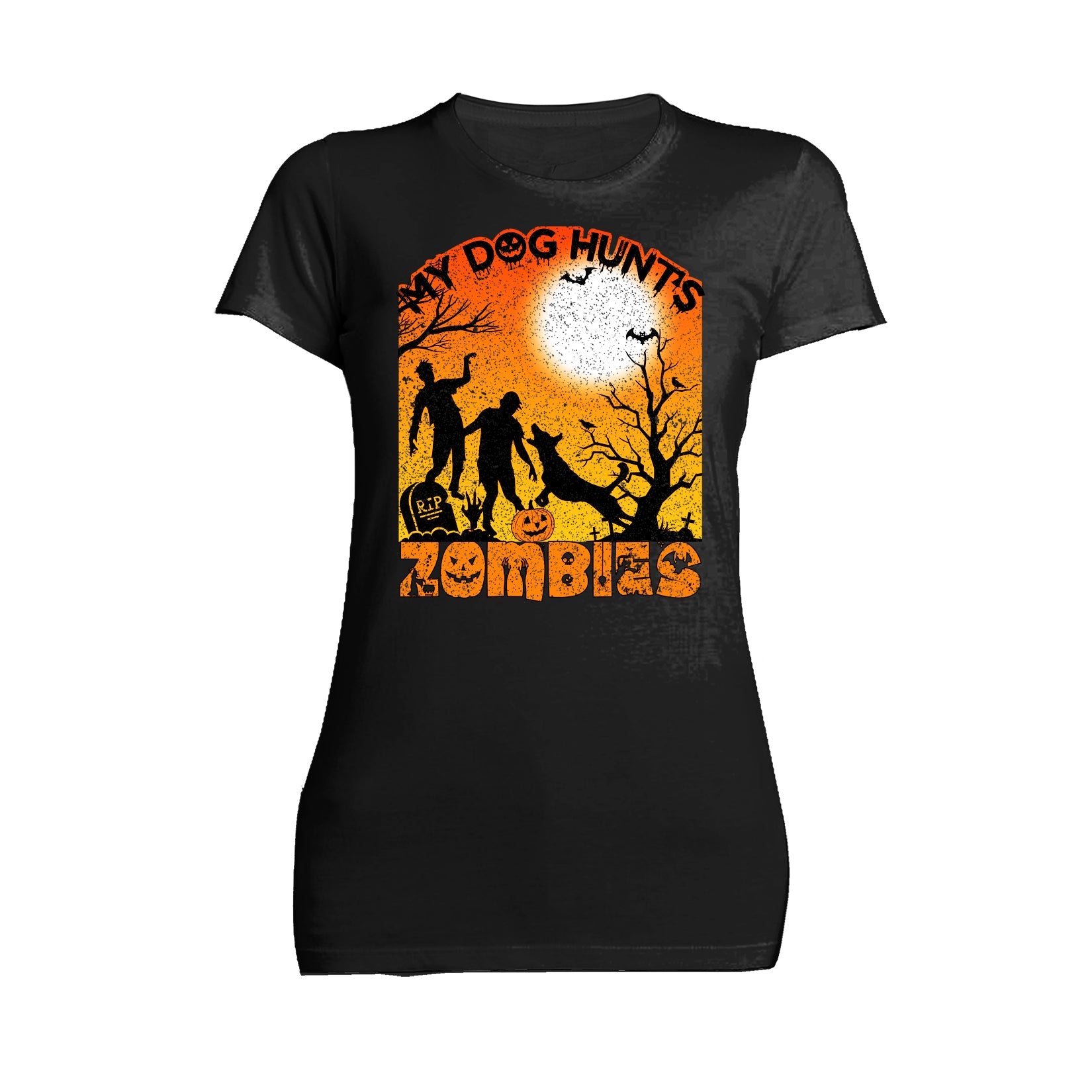 Halloween Horror My Dog Hunts Zombies Graveyard Scary Funny Official Women's T-shirt