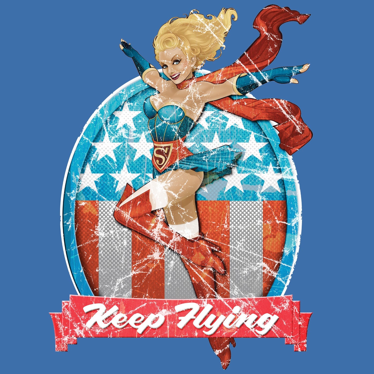 DC Comics Bombshells Supergirl Badge Keep Flying Official Women's T-shirt ()