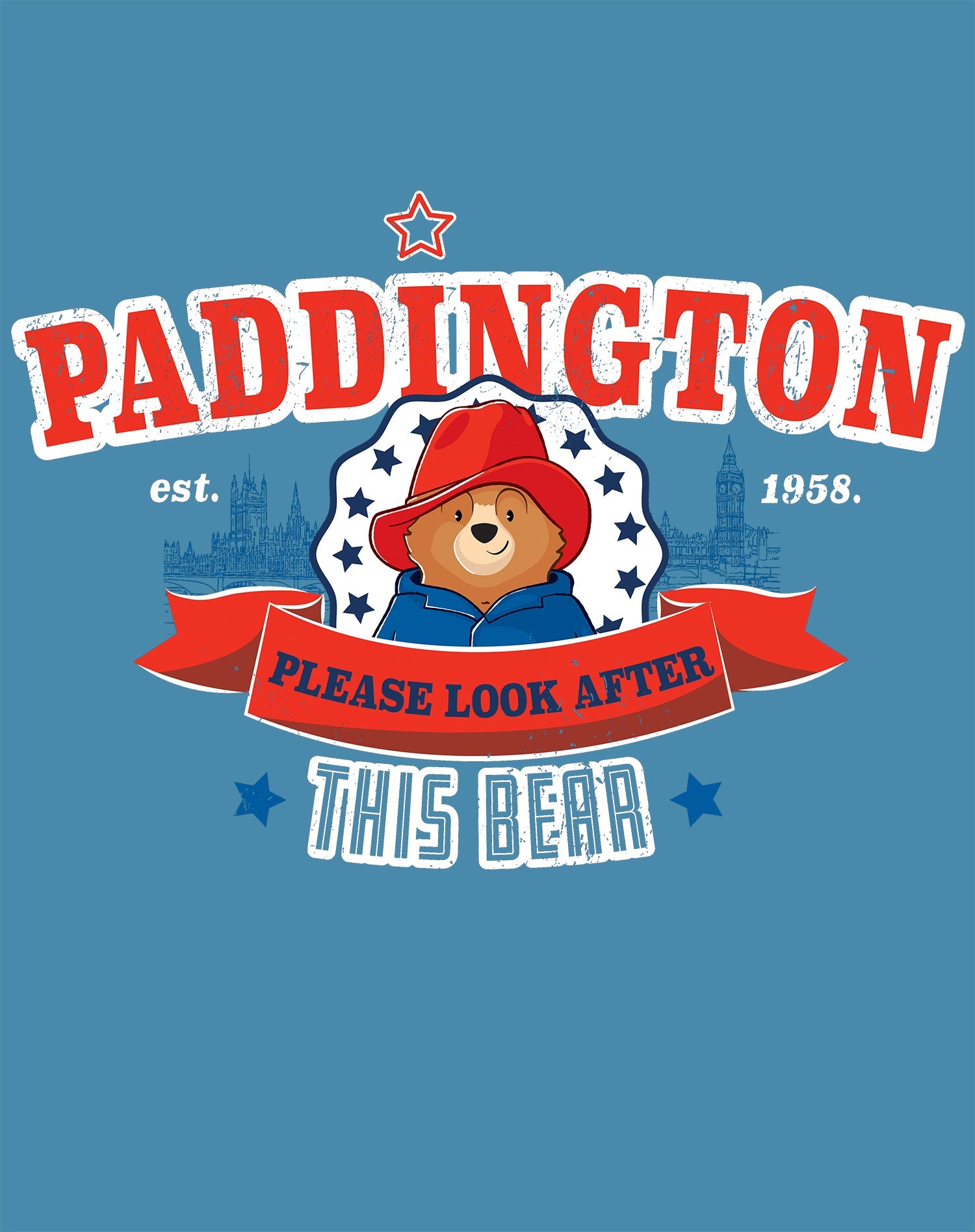 Paddington Bear Collegiate London Please Look Saturated Official Men's T-Shirt
