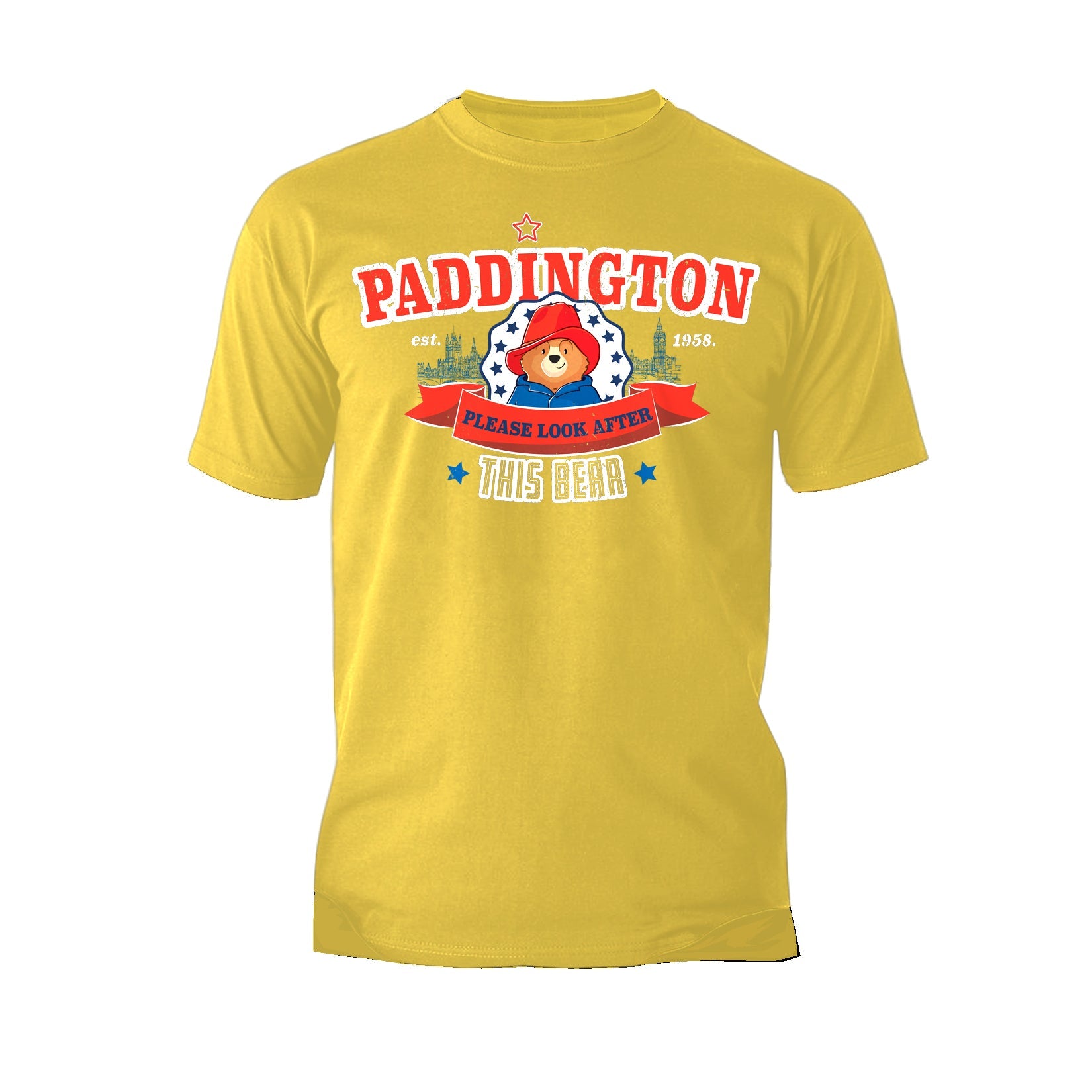 Paddington Bear Collegiate London Please Look Saturated Official Men's T-Shirt
