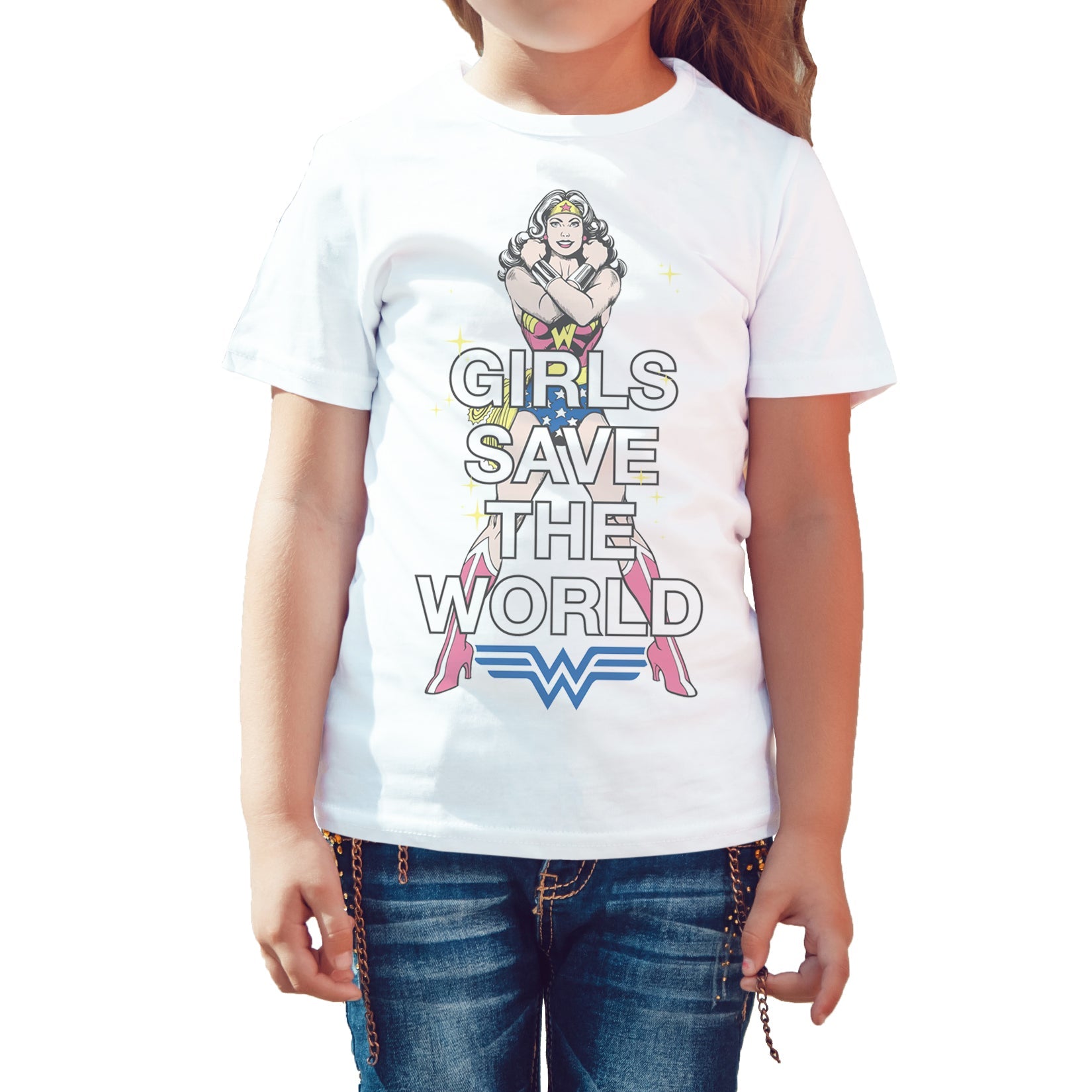 DC Comics Wonder Woman Girls Save World Official Kid's T-shirt ()