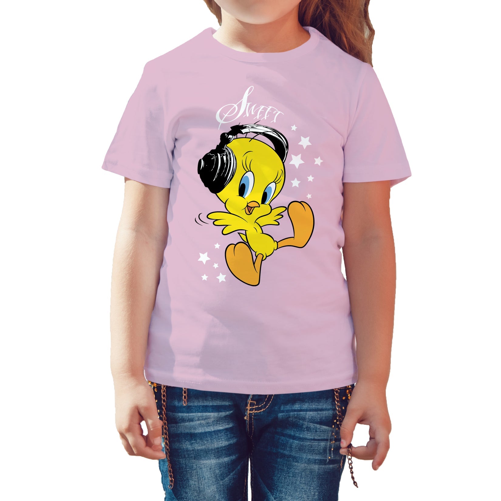 Looney Tunes Tweety Headphones Official Kid's T-Shirt (Pink)