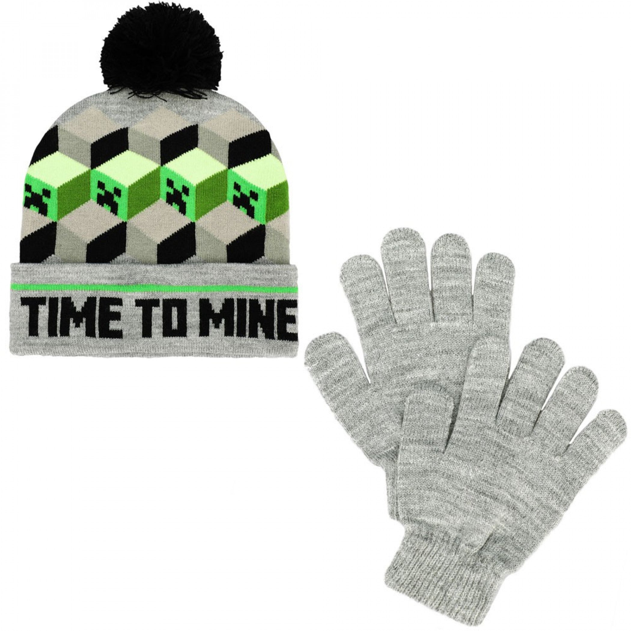 Minecraft Time To Mine Youth Pom Beanie & Gloves 2-Piece Winter Combo