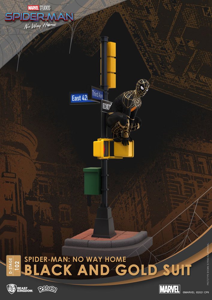 Spider-Man: No Way Home D-Stage PVC Diorama Spider-Man Black and Gold Suit Closed Box Version 25 cm